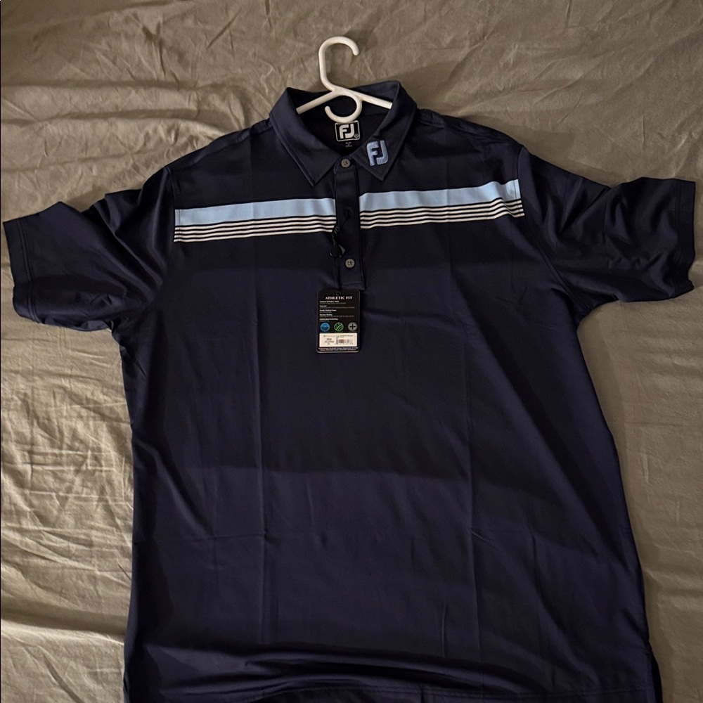 FootJoy Men's Polo Shirt with Navy and Light Blue Stripes